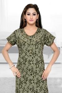 High Quality Crushed Cotton Floral Print  Long Nighty - Dark Sea Green with Dark Olive Green